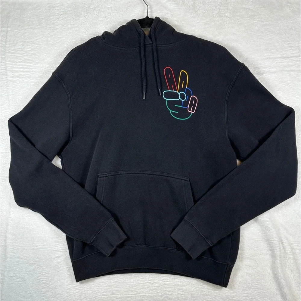Adidas Peace Sign Hoodie Mens M Black Neon Graphic Trefoil Pullover